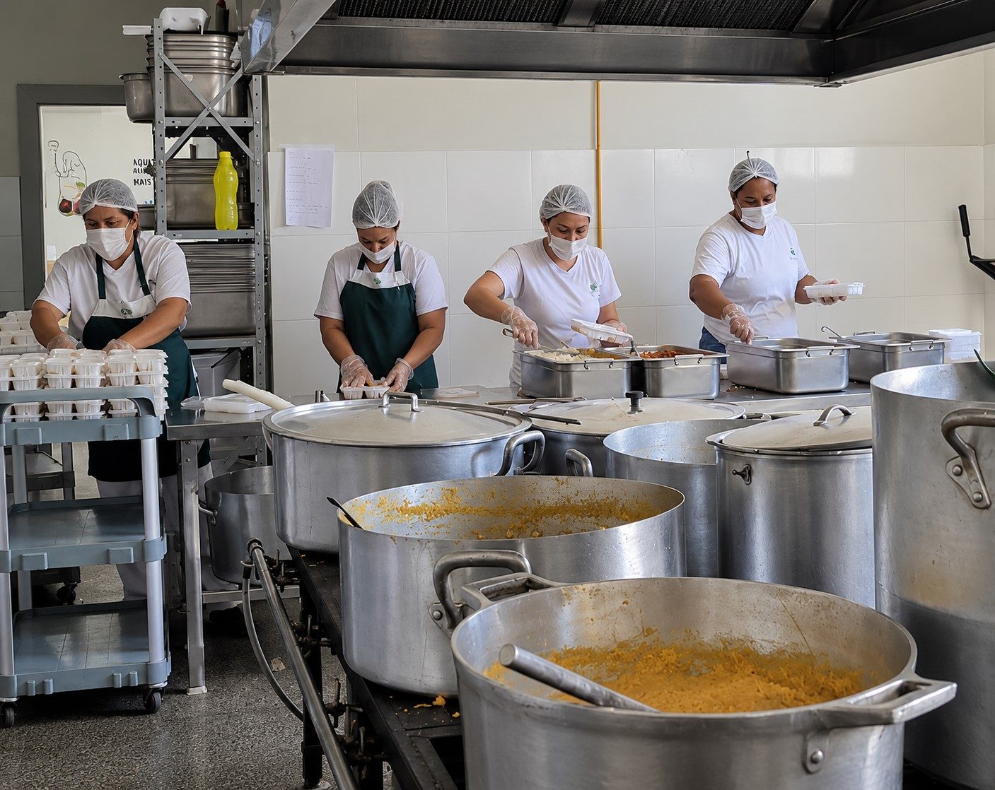 Equipe preparando refeições em panelas industriais