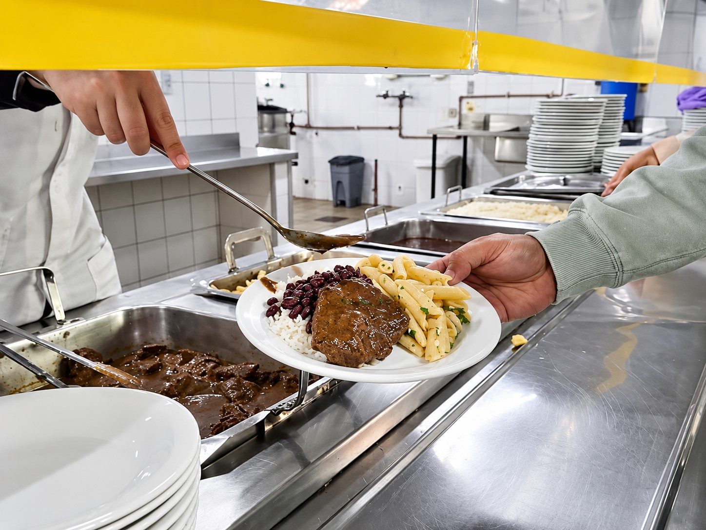 Prato de refeição sendo servido no balcão da Valverde